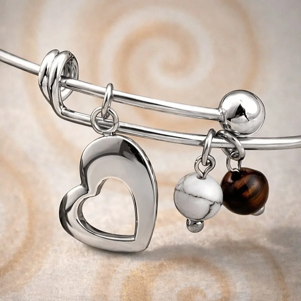 18K Gold Plated Boho Chic Bangle with Heart Tiger's Eye & Magnesite Charms ✨